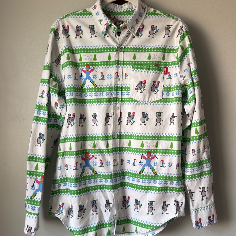 RSVLTS Skiing Yeti 8-Bit Pixel Art Button Down Shirt Mens M White Green Holiday